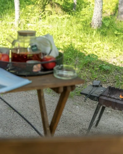 Картинка с уютным пикником на природе: стол с открытой книгой, чашкой чая и яблоками, а рядом горит мангал с огнем на фоне зелени леса.