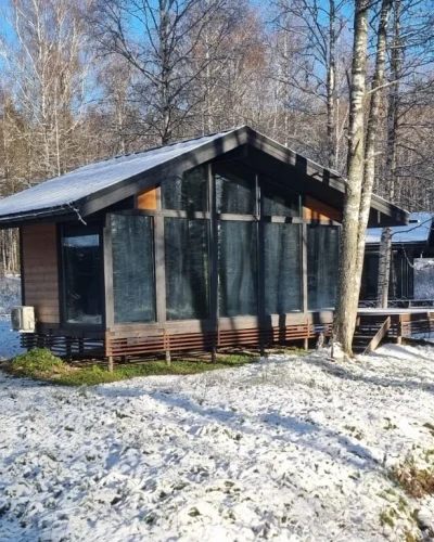 Современный загородный дом с большими окнами, окруженный снежным пейзажем и лесом.